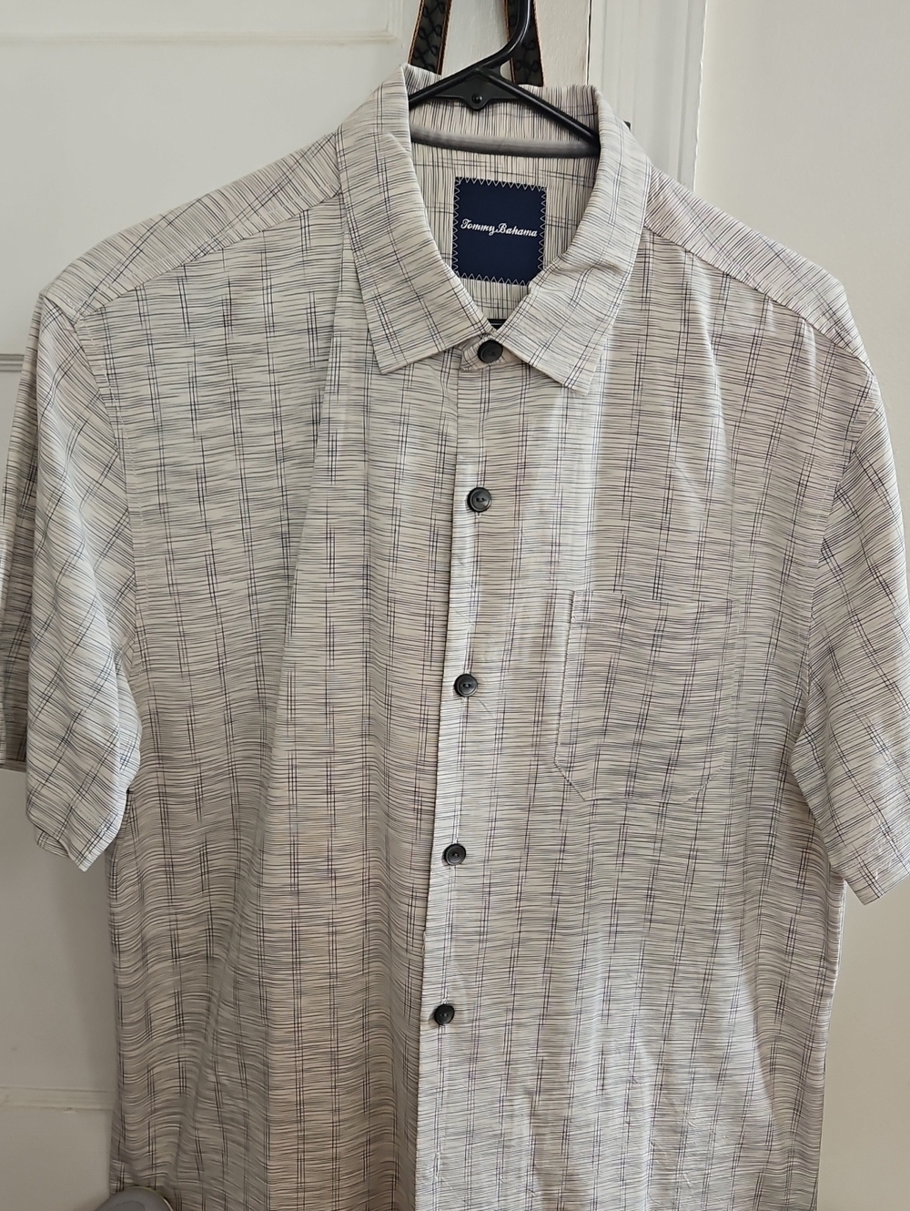Tommy Bahama Short-Sleeve White Shirt with Subtle Navy Grid